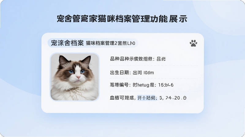 宠舍管家猫咪档案管理功能展示,画面中央为一只布偶猫的详细档案卡片,包含头像、品种、出生日期、血统编号等信息,背景为淡蓝色渐变,卡片式UI设计,清晰展示数据字段,适合软件功能介绍配图
