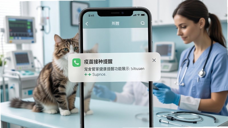 宠舍管家健康提醒功能展示,画面中央为手机通知栏弹出疫苗接种提醒,背景为兽医诊室场景,有猫咪和医疗器具,色调清新专业,突出提醒功能的实用性