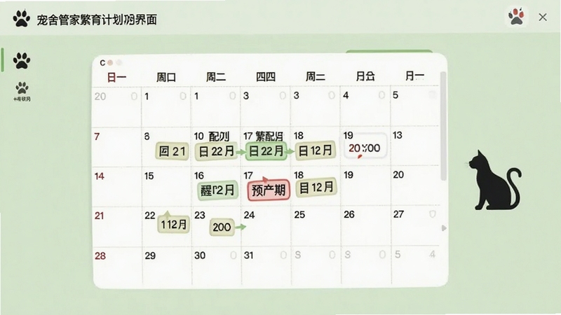 宠舍管家繁育计划功能界面,画面中央为日历视图上标注了配种日期和预产期提醒,旁边有猫咪剪影图标,背景为浅绿色,简洁明了的日程管理界面,适合繁育功能展示