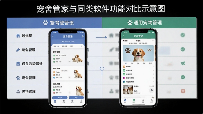 宠舍管家与同类软件功能对比示意图,画面中央为两个手机屏幕并排展示不同软件界面,左侧为宠舍管家的繁育管理页面,右侧为通用宠物管理页面,背景为简洁的对比表格元素,信息图风格,清晰直观