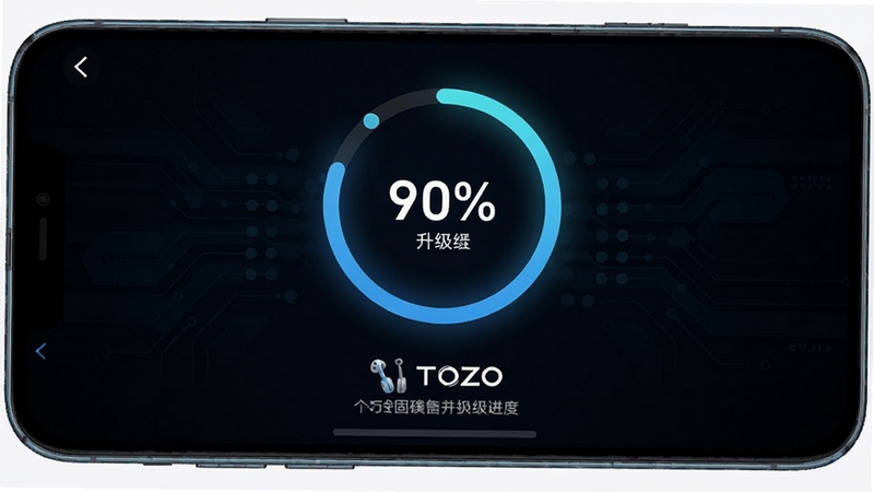 TOZO应用固件升级进度界面,手机屏幕中央显示圆形进度条与升级百分比,下方有TOZO耳机图标和文字说明,背景为深色科技风格,突出升级过程的流畅感与安全性