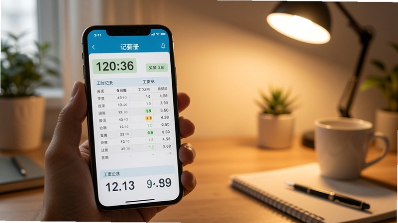 画面中央一部智能手机,屏幕上显示记薪册应用主界面,界面内有工时记录表格与工资汇总数字,背景是温馨的室内书桌环境,暖色调灯光,风格写实细腻,突出记账软件的实用感