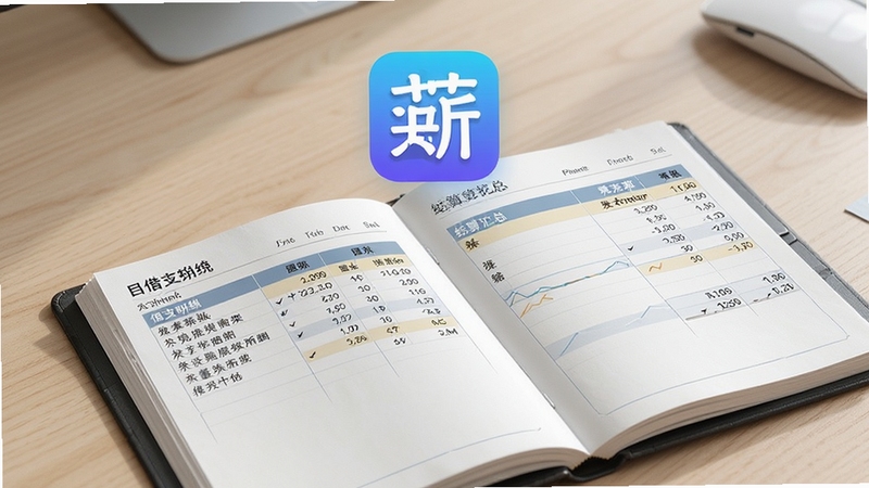画面展示一本翻开的电子账本,左侧页面记录借支明细,右侧页面显示结算汇总,账本上方悬浮着记薪册应用图标,背景为干净的木质桌面,光影柔和,商务简约风格
