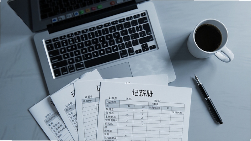 一张办公桌俯视图,桌面上放着一台笔记本电脑和几份打印出来的工资结算表格,表格抬头有记薪册字样,旁边有一杯咖啡和一支笔,整体色调偏冷灰,营造专业办公氛围