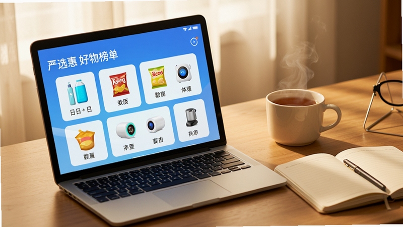 一张温馨的桌面场景,桌上摆放着严选惠应用界面投影出的商品卡片,卡片上有日用品、零食、小家电等图标,旁边有一杯热茶和笔记本,光线柔和,构图干净,突出严选惠好物榜单功能