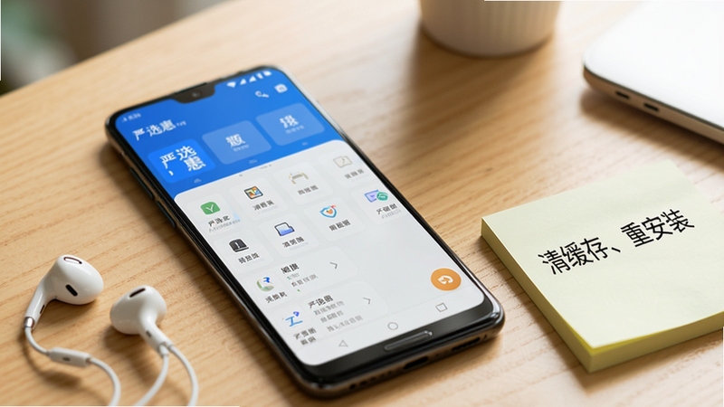 一部安卓手机放在木质桌面上,屏幕显示严选惠应用管理界面,旁边有耳机和便签纸,便签纸上写着“清缓存、重安装”字样,背景虚化,光线明亮,突出解决问题场景