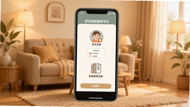 修洗家庭服务平台用户端预约界面展示,手机屏幕中显示家庭维修清洗服务分类图标,背景为温馨客厅场景,柔和暖色调,扁平化设计风格