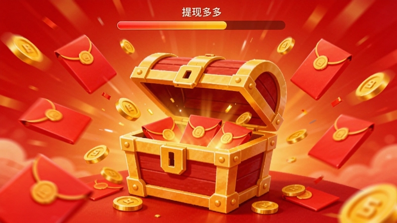 螺丝多多红包奖励界面,画面中央为一个打开的金色宝箱,周围飘散着红色红包和金币,屏幕上方显示提现进度条,背景为喜庆的红色渐变,整体风格热闹但不浮夸,适配Boogu模型生成