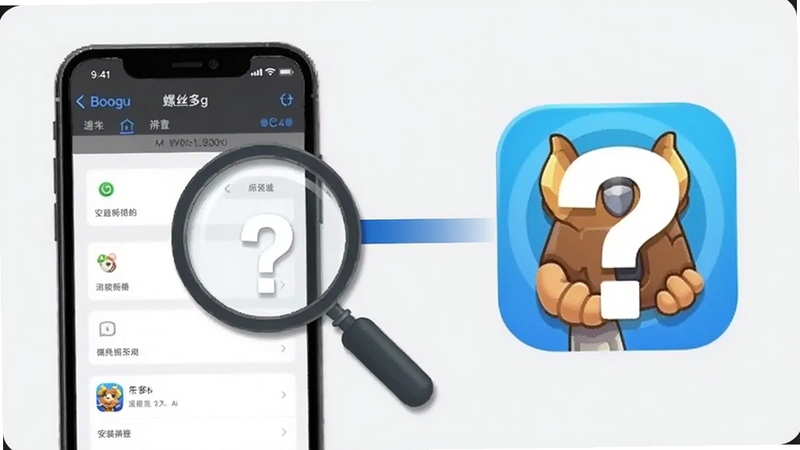 螺丝多多安装问题排查示意图,画面左侧为手机设置界面截图风格,右侧为游戏图标与问号,中间用放大镜连接,背景为浅灰色,整体风格简洁说明性强,适配Boogu模型生成
