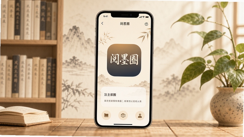 阅墨圈APP主界面展示,手机屏幕居中放置,背景为淡雅水墨风格的书架与绿植,画面整体色调温暖柔和,突出阅读社区氛围,包含阅墨圈文字标识