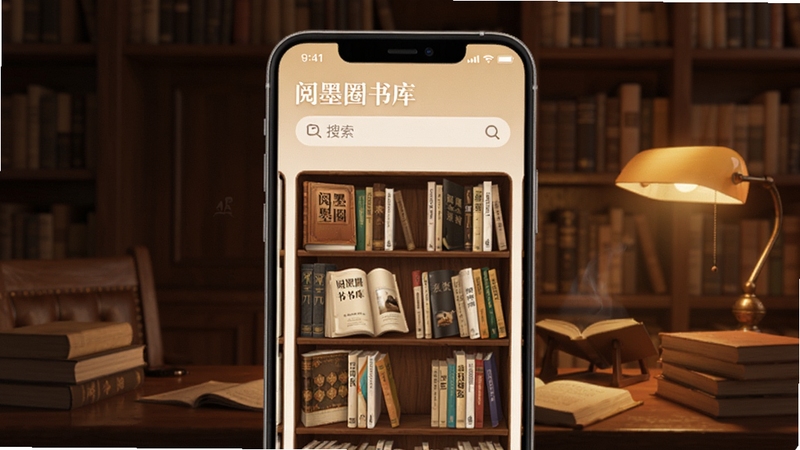 阅墨圈书库界面,手机屏幕显示分类书架与搜索框,背景为暖色调书房场景,画面中包含阅墨圈字样,突出海量书籍与便捷搜索功能