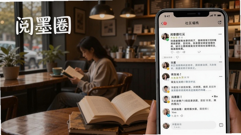 阅墨圈社区互动界面,手机屏幕显示书友动态与评论区,背景为温馨的咖啡厅阅读场景,画面中包含阅墨圈文字,突出社区交流氛围
