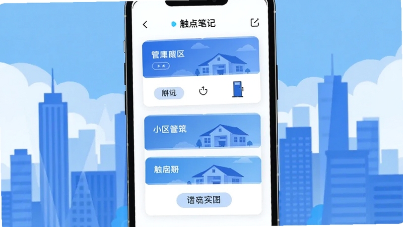 触点笔记多小区管理界面截图风格插画,画面中一部手机屏幕里显示着三个不同的小区卡片,每个卡片上有小区名称和开门按钮,背景是城市建筑群剪影,色彩以蓝白为主,简洁现代