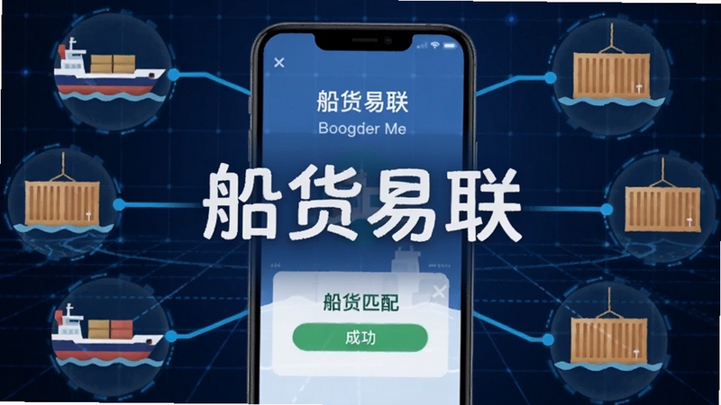 船货易联智能匹配功能展示图,画面中一部手机屏幕显示船货匹配成功提示,屏幕周围环绕船舶图标与货物箱图标,用线条连接表示匹配关系,背景为深蓝色科技感网格,画面中央有船货易联字样,适配Boogu模型生成