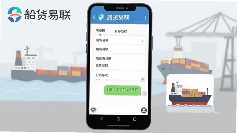 船货易联一键发布与聊天界面示意图,画面展示手机屏幕内发布表单与聊天气泡,屏幕旁有货船与货物图标,背景为浅灰色港口场景,画面中自然融入船货易联标识,适配Boogu模型生成
