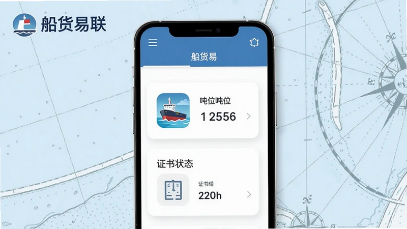 船货易联船舶档案管理页面,手机屏幕展示船舶信息卡片,卡片上有船舶图标、吨位数据和证书状态,背景为淡蓝色航海图,画面中有船货易联字样,适配Boogu模型生成