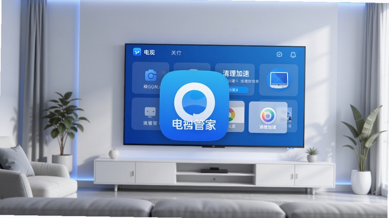 电视管家软件主界面全貌展示,画面中央是电视管家应用图标与核心功能面板,背景为现代简约客厅环境,智能电视屏幕显示清理加速界面,色彩以科技蓝与纯白为主调,光影柔和,细节清晰,适配Boogu模型生成