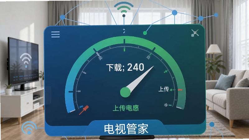 电视管家网络测速功能展示,画面中央为仪表盘式测速界面,显示下载速度与上传速度数值,背景是家庭网络环境示意图,软件名称电视管家出现在界面底部,色彩以蓝色与绿色为主,视觉清爽