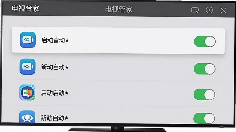 电视管家开机自启动管理列表界面,画面中列出一排应用及其自启动开关状态,背景为浅灰色电视系统设置页面,软件名称电视管家在标题栏显示,整体风格简约商务