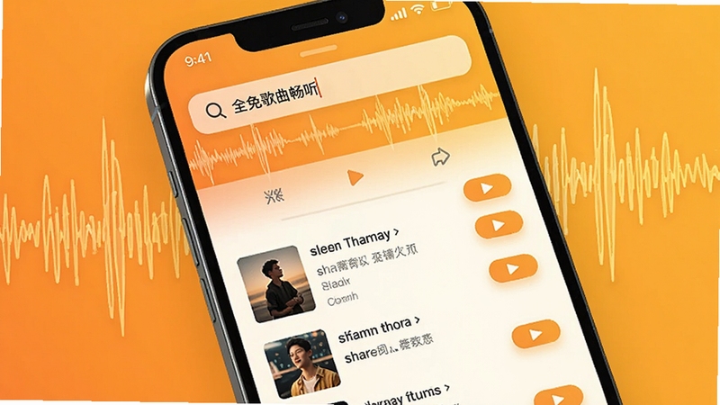全免歌曲畅听在线搜索音乐界面,画面展示手机屏幕内搜索框输入歌曲名,下方列出多条搜索结果与播放按钮,背景为温暖的橙黄色调,点缀抽象声波纹理,风格现代科技感
