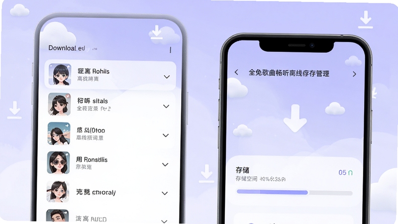 全免歌曲畅听离线缓存管理界面,手机屏幕显示已下载歌曲列表与存储空间进度条,背景为淡紫色渐变,点缀云朵与下载箭头图标,整体风格柔和清爽