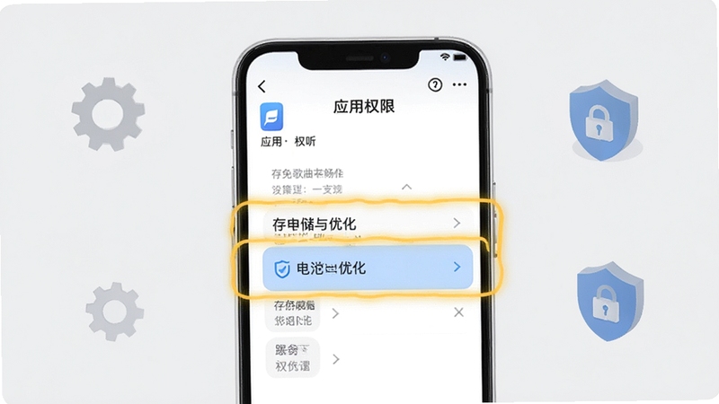 全免歌曲畅听安装权限设置示意图,手机屏幕显示应用权限管理页面,存储与电池优化选项被高亮标注,背景为浅灰色简约风格,点缀齿轮与盾牌图标
