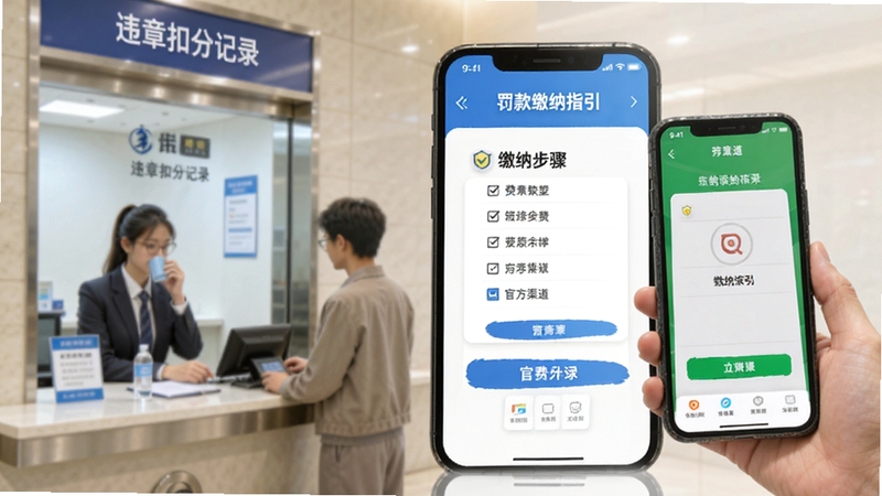 违章扣分记录软件罚款缴纳指引页面,手机屏幕显示缴纳步骤与官方渠道入口,背景为银行缴费窗口与手机支付场景,画面色调柔和