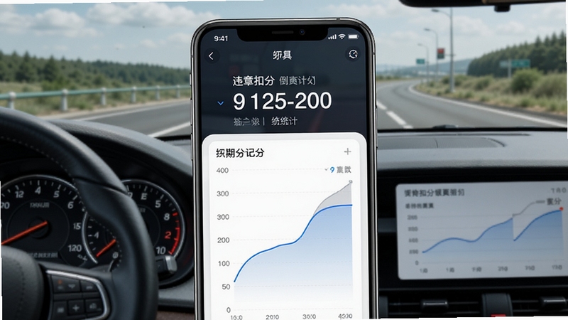 违章扣分记录软件扣分统计页面,手机屏幕显示记分周期倒计时与扣分记录曲线图,背景为汽车仪表盘与道路风景,画面风格现代简洁