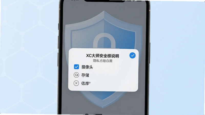 XC大师安全权限说明示意图,画面展示手机屏幕弹出权限请求窗口,仅勾选摄像头和存储两项,背景为淡蓝色盾牌图标,强调安全与隐私保护
