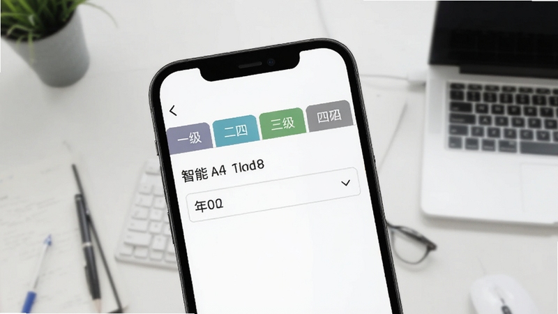 计算机考试真题库智能分类界面截图,手机屏幕显示一级、二级、三级、四级标签栏和年份筛选下拉菜单,背景为淡灰色学习桌面,画面清晰,适配Boogu模型生成
