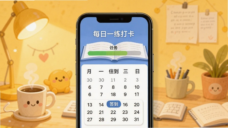 计算机考试真题库每日一练打卡界面,手机屏幕显示每日任务进度条和签到日历,背景为暖黄色调的学习激励场景,适配Boogu模型生成