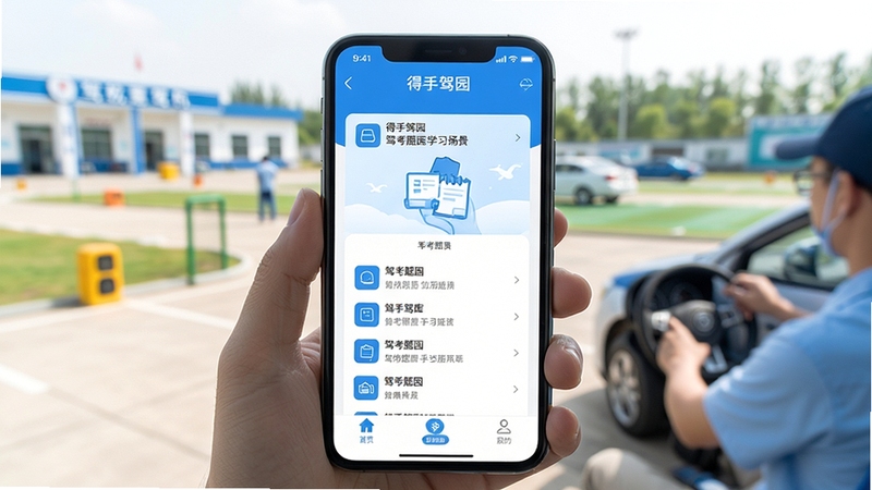 得手驾园 手机APP主界面展示 驾考题库学习场景 明亮清新风格 中心位置为手机屏幕特写 背景为驾校训练场虚化 色彩以蓝色和白色为主 突出学习氛围