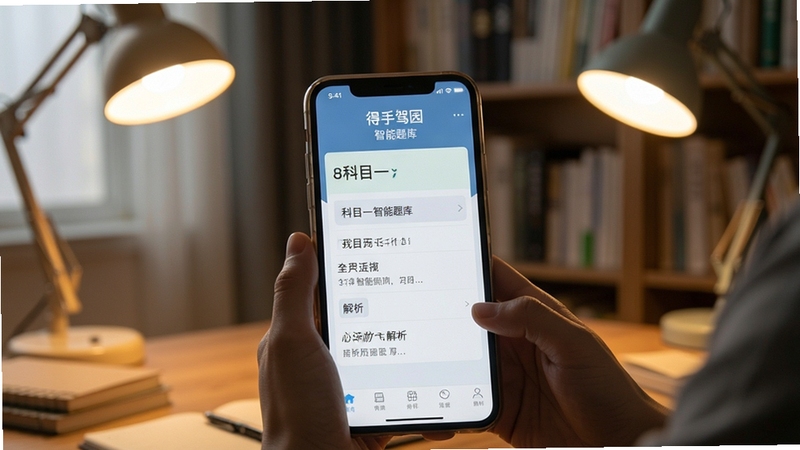 得手驾园 智能题库界面 手机屏幕显示科目一题目与解析 背景为书房学习环境 柔和暖光 突出学习专注感