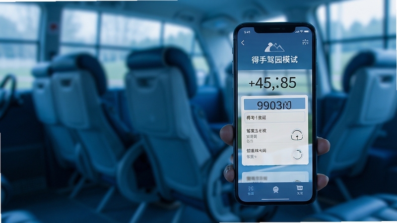 得手驾园 模拟考试界面 手机显示考试倒计时与答题卡 背景为驾考考场座椅虚化 冷静蓝色调 突出考试紧张感与专业性