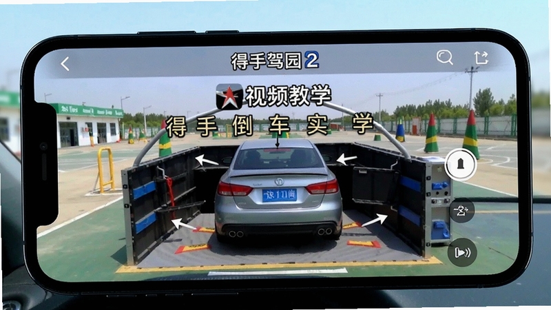 得手驾园 视频教学界面 手机横屏播放科目二倒车入库教学 背景为驾校训练场实景 清晰明亮 突出实操指导