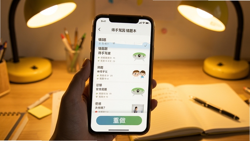 得手驾园 错题本界面 手机显示错题列表与重做按钮 背景为书桌与笔记本 温馨黄色光 突出复习巩固