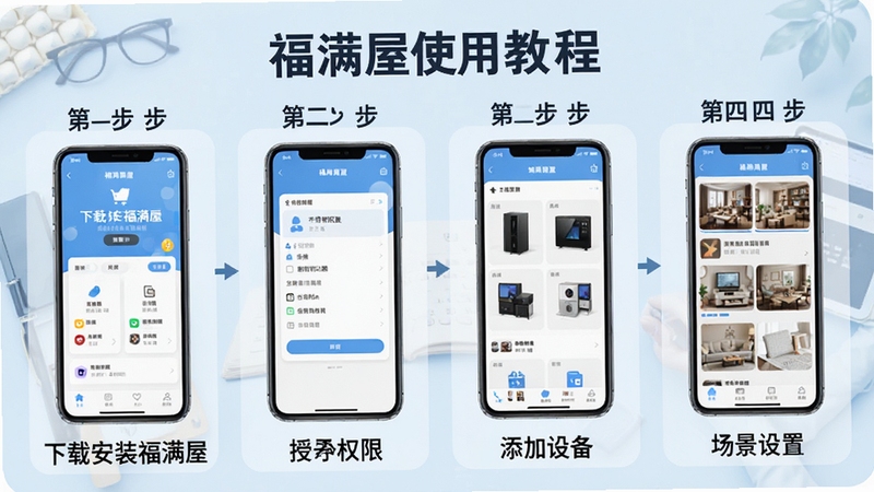 一幅展示福满屋使用教程的示意图,画面中是一个分步骤的图文教程,第一步是下载安装福满屋,第二步是授予权限,第三步是添加设备,第四步是场景设置,每一步都有手机界面截图和文字说明,背景是淡蓝色的学习氛围,整体风格清晰易懂,适合作为福满屋的使用指南配图