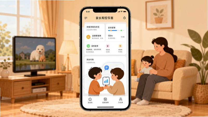 数育帮家长软件主界面展示,画面中央为手机屏幕悬浮展示家长管控面板,背景为温馨家庭客厅场景,柔和暖色调,扁平化插画风格,突出亲子互动与科技管理元素