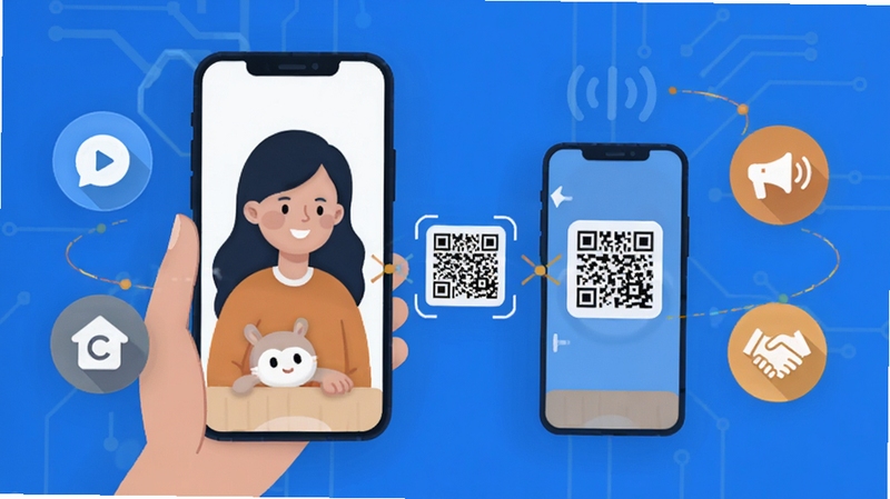 数育帮家长App远程绑定界面,画面展示家长手机与孩子手机通过二维码连接,周围环绕数据同步图标,科技蓝与暖橙配色,简洁扁平化设计风格,突出安全连接概念