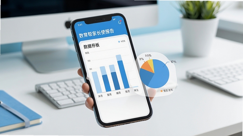数育帮家长使用报告数据面板,画面展示手机屏幕上的柱状图与饼图分析界面,背景为简洁办公桌面,清新蓝白配色,扁平化数据可视化风格,突出信息清晰易读