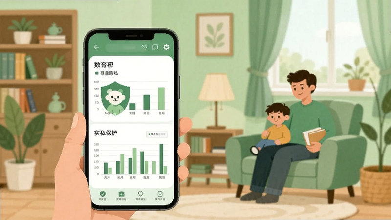 数育帮家长隐私保护示意图,画面展示手机屏幕显示数据统计图表而非实时画面,背景为家庭书房环境,柔和绿色调,扁平化插画风格,突出尊重隐私与科学管理