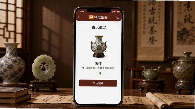 域鉴app古玩鉴定界面展示,画面中央是一部智能手机,屏幕上显示古玩鉴定上传页面,背景为古色古香的中式书房环境,有瓷器、玉器、字画等古玩摆件,光线柔和温暖,整体色调偏古典棕红色系,适合Boogu模型生成
