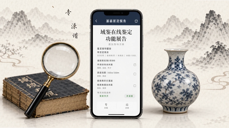 域鉴在线鉴定功能展示图,画面主体为手机屏幕显示鉴定报告页面,旁边有放大镜、古籍、瓷器等元素环绕,背景为淡雅水墨风格,突出专业鉴定氛围,适合Boogu模型生成