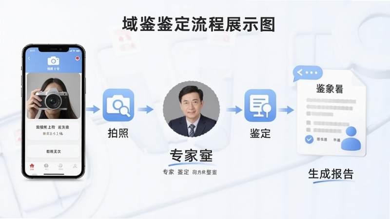 域鉴鉴定流程展示图,画面以流程图形式展现从拍照上传到专家鉴定再到生成报告的完整过程,手机界面与专家头像、文档图标相互连接,背景简洁明亮,适合Boogu模型生成