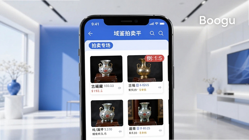 域鉴拍卖平台界面展示,画面主体为手机屏幕显示拍卖专场列表,屏幕上有古玩藏品缩略图和倒计时标签,背景为现代简约风格,色调以蓝白为主,突出交易感,适合Boogu模型生成