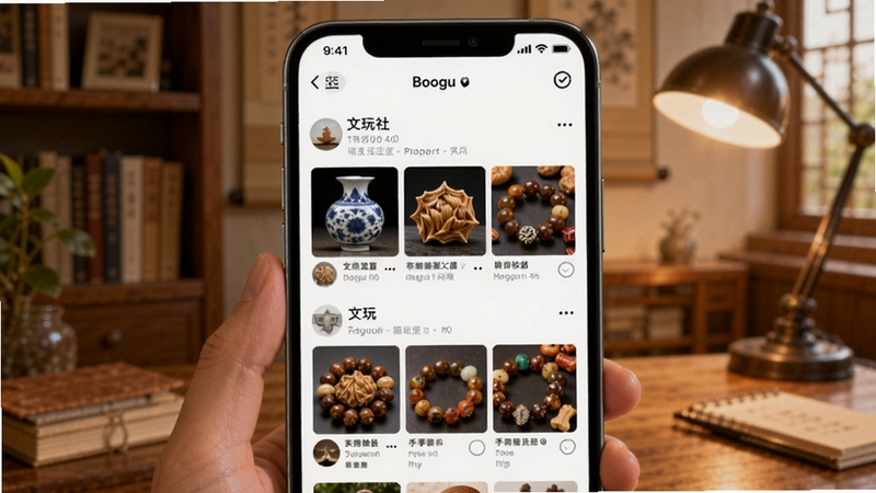 域鉴社区交流界面展示,画面为手机屏幕显示文玩社区帖子列表,有瓷器、核桃、手串等图片缩略图,背景为暖色调书房环境,氛围轻松友好,适合Boogu模型生成