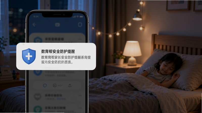 数育帮家长安全防护提醒界面,画面主体为手机屏幕弹出安全提醒通知,背景为夜晚卧室环境,屏幕显示防护盾牌图标与提醒文字,色调沉稳安心,突出安全防护功能