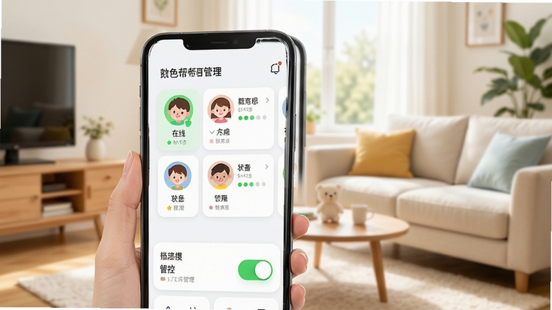 数育帮家长多设备管理界面,画面主体为手机屏幕展示多个孩子设备头像与状态卡片,背景为明亮客厅环境,屏幕显示设备在线状态与管控开关,整体风格简洁友好,突出多设备管理便捷性