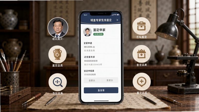 域鉴专家在线鉴定功能界面,手机屏幕显示鉴定申请页面,专家头像与鉴定品类图标环绕手机,背景为古玩鉴定工作室场景,专业严谨氛围