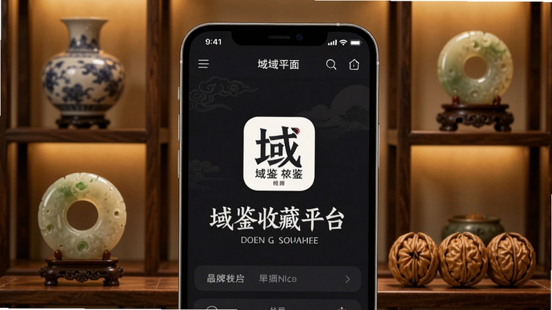 域鉴收藏平台主界面展示,手机屏幕居中放置,背景为中国风古玩陈列架,架上摆放瓷器、玉器和文玩核桃,暖色调灯光,画面精致细腻,突出域鉴品牌标识
